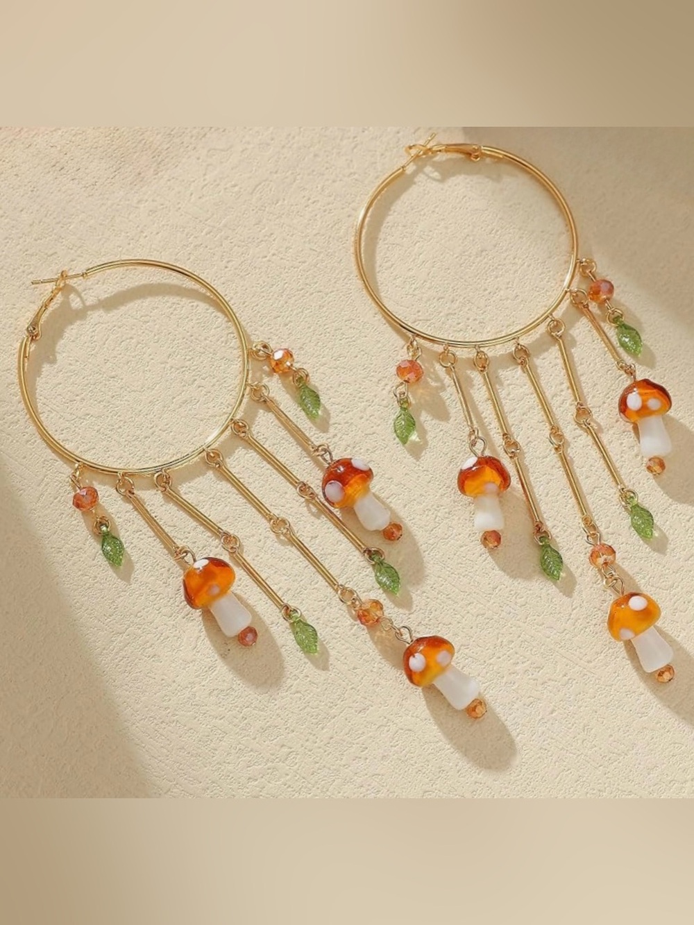 ❤️ Gold Tone Mushroom Green Leaves Charm Hoop Earrings Accents Boho Beaded
